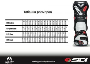 Таблица размеров SIDI ― Motocross.UA